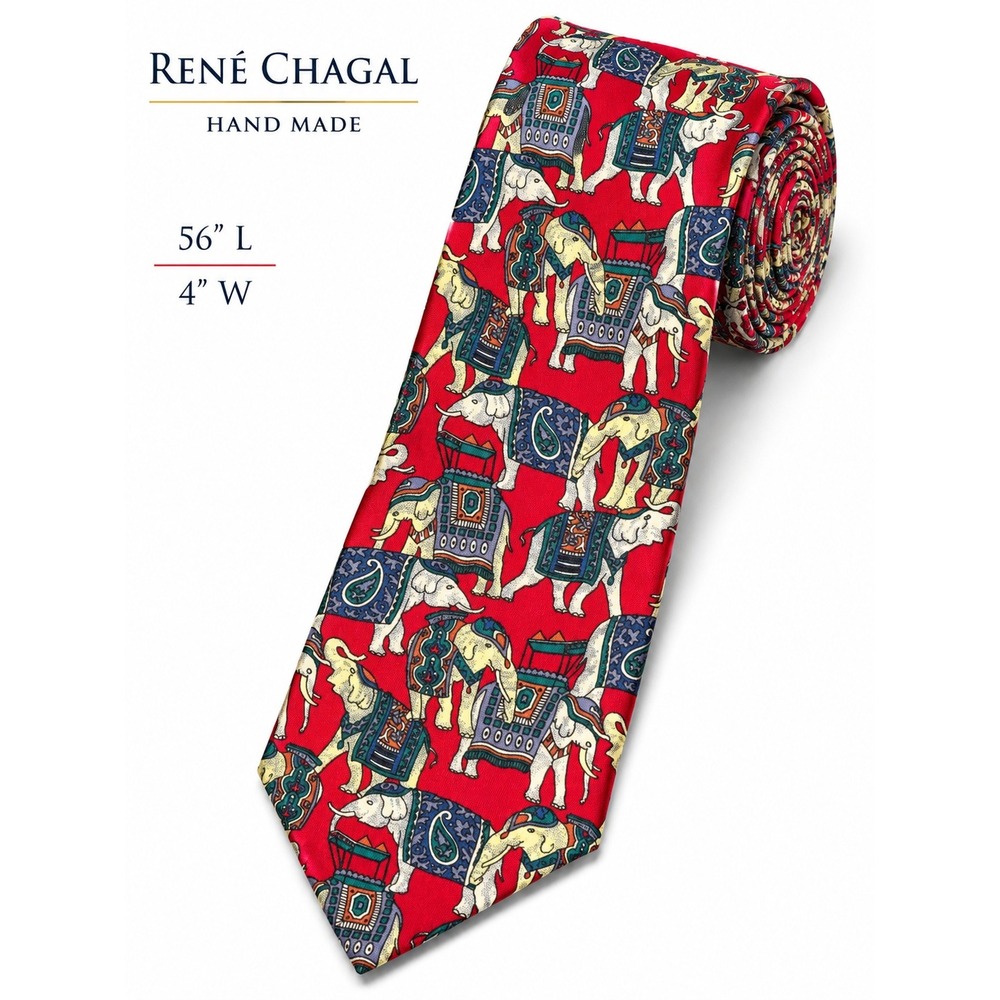 Rene Chagal Silk Elephant Print Handmade Necktie Novelty Tie 56" L X 4"W
